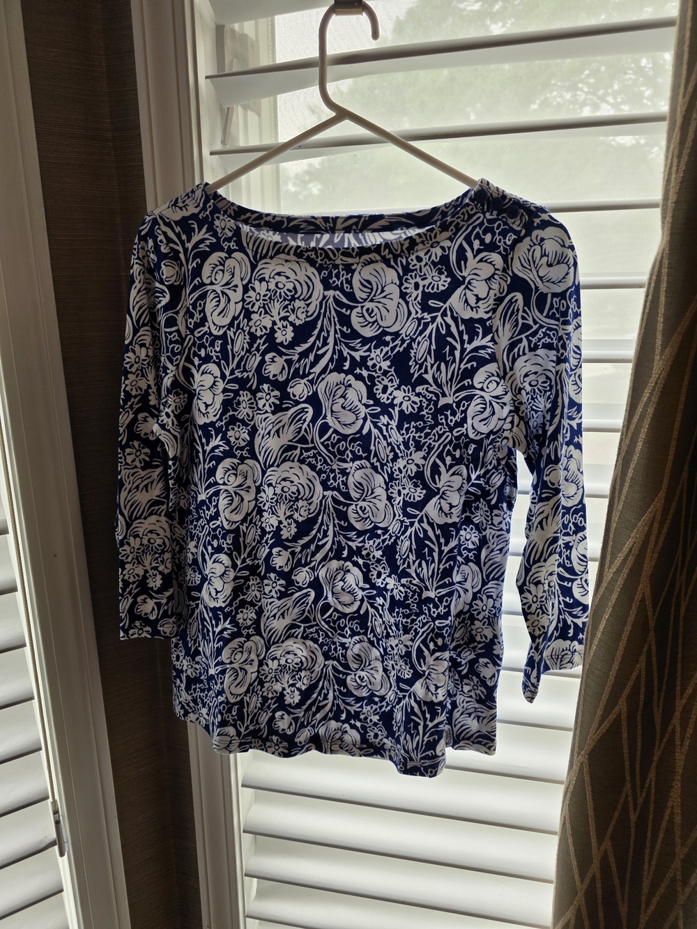 Charter Club Women's Navy Blue and White Floral Boatneck Top